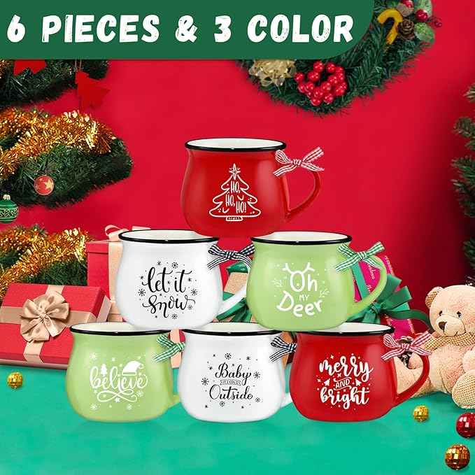 Christmas Coffee Mug Set of 6, 12 oz Hot Cocoa Ceramic Coffee Mug, Stackable Mugs as Christmas Gift for Mom Woman Family Friends Colleagues