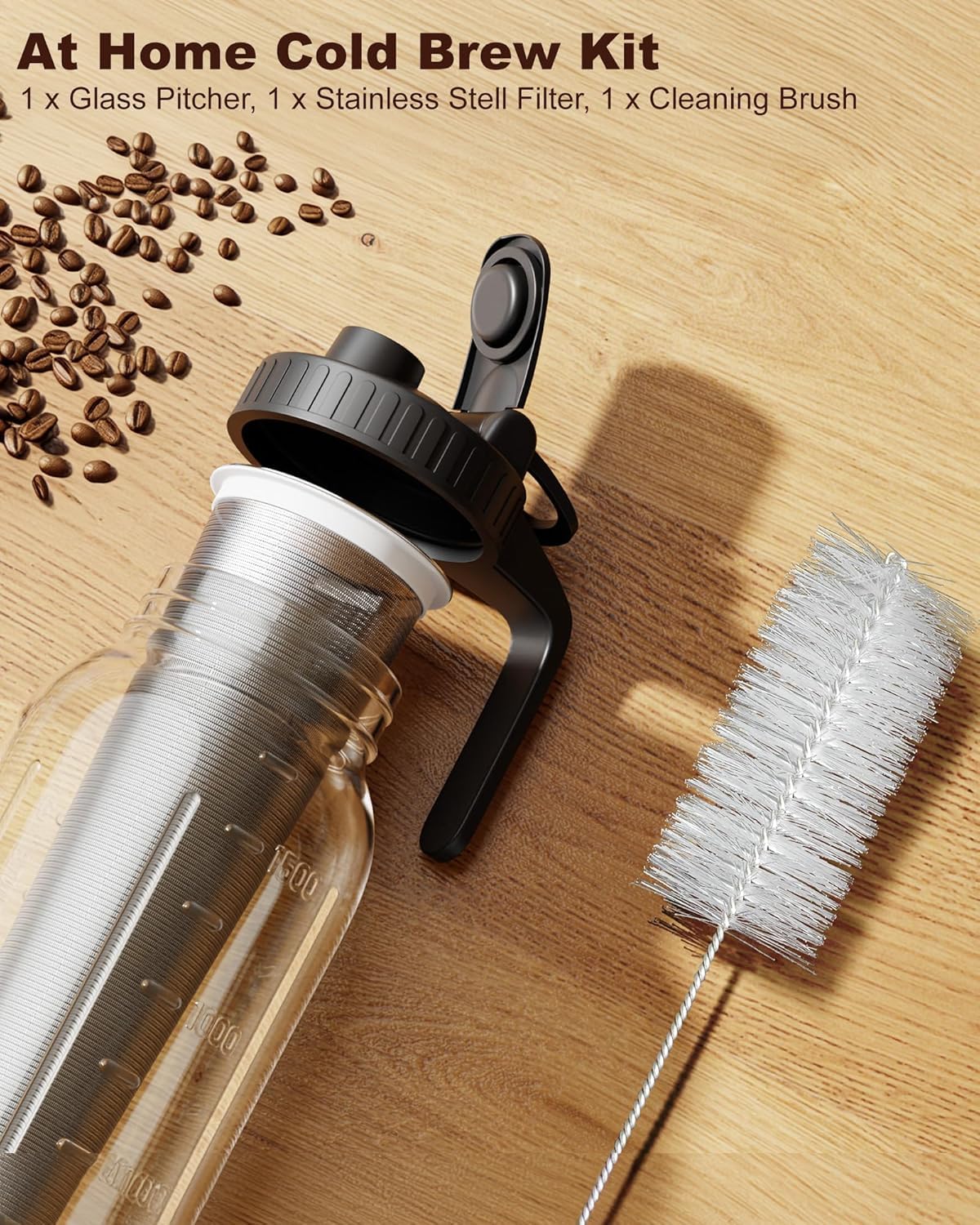 Stainless steel filter and cleaning brush for cold brew jar