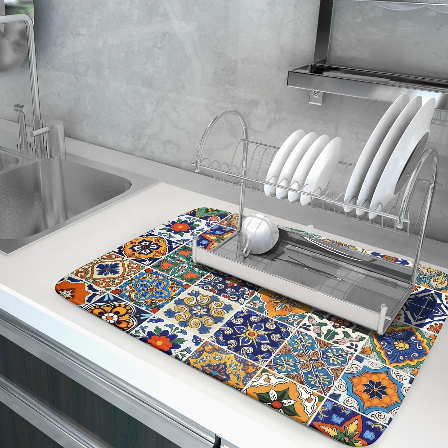 Talavera Mexican Tiles Dish Drying Mat for Kitchen Counter 16x18 Inch Mexican Flower Decorations Dish Draining Mat Mexican Tilt Fast Absorbent Tableware Dishes Pad for Coffee Bar Countertop