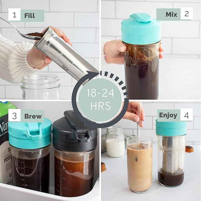 Masontops Cold Brew Makers Kit - Deluxe Iced Coffee Maker with Glass Pitcher & Stainless Steel Mesh Filter - Easy Pour Fridge Cold Brewer System