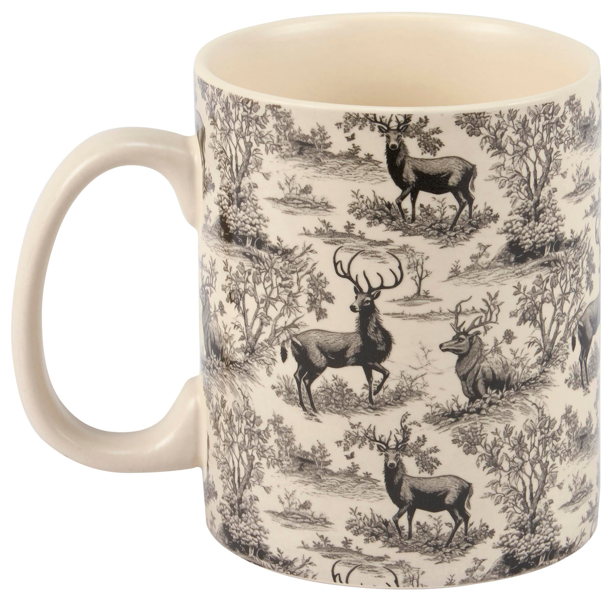 Stoneware mug with full wrap-around deer and trees pattern