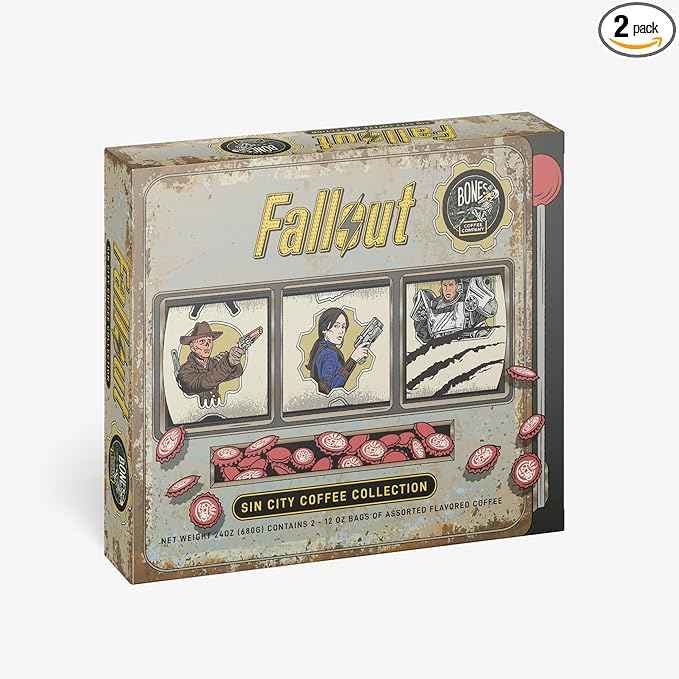 Bones Coffee Company Fallout Sin City Coffee Collector's Box, 2 Flavored Coffee Low Acid Medium Roast Arabica Beans Specialty Gifts, Auto Drip and French Press Compatible, 12 oz Pack of 2 Ground