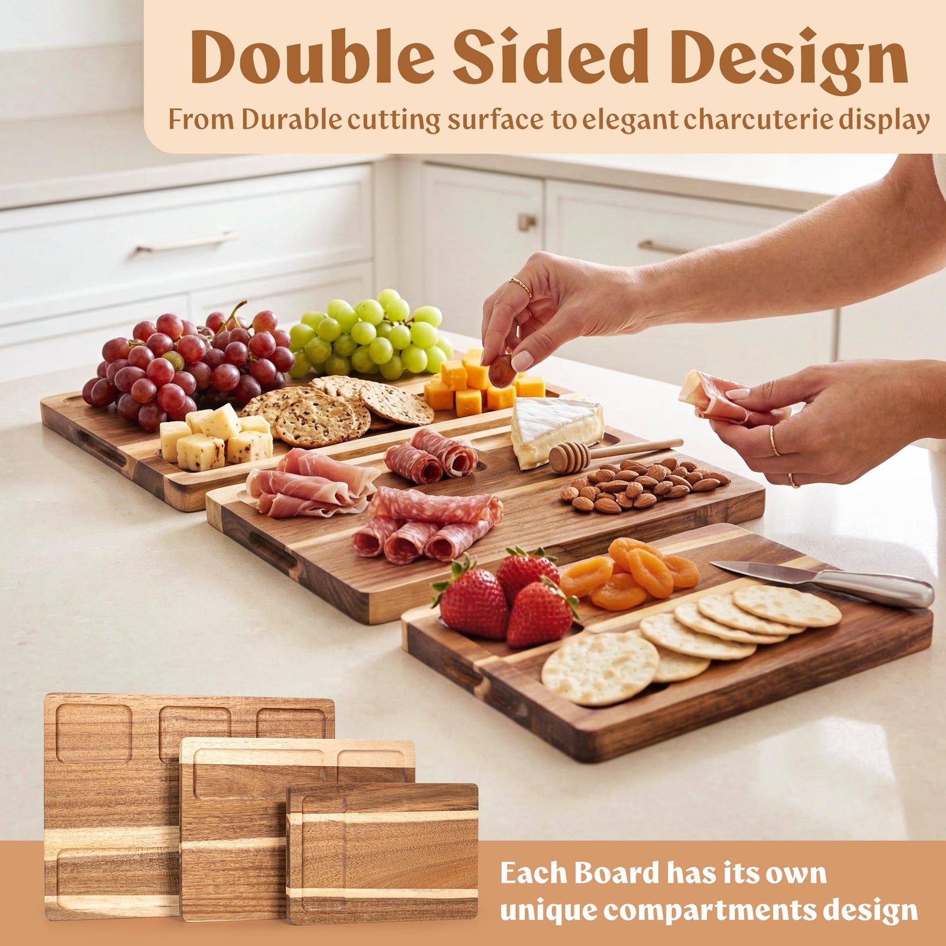 Acacia Wood Cutting Boards for Kitchen Set of 3 (3 Count)