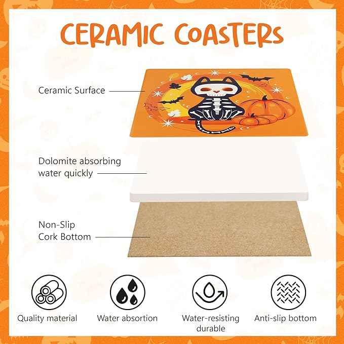 Halloween Coasters Absorbent Ceramic Coaster for Drinks with Black Holder and Cork Base Set of 4, Square Decorative Coffee Table Decor for House Warming Gifts New Home