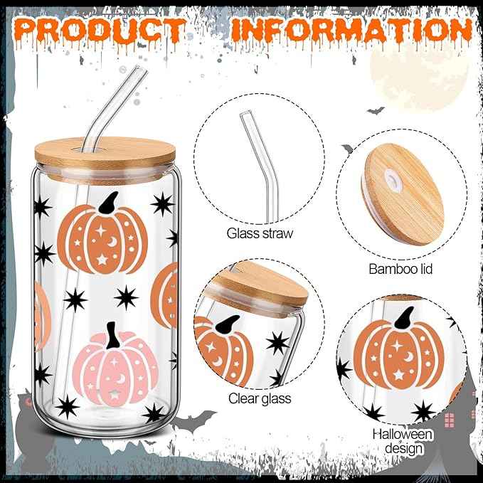 12 Sets Pink Bow Valentine's Day Glass Cups Gifts Bulk 16 oz Iced Coffee Cups with Lids and Straws Cute Glass Tumbler Girly Galentine's Day Gifts for Women Coworker Party Favor(Ghost)