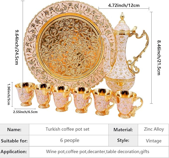Turkish Coffee Cup and Tea Pot Set Including Teapot,Tea Tray,6 Metal Cups,Tea Service Set for Tea Table Decor,Hip Flask (White and Gold)