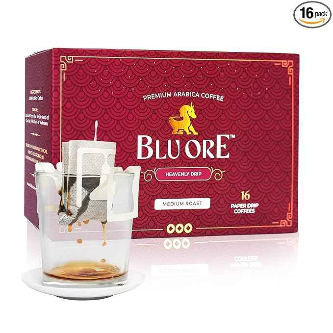 Blu Ore Premium Vietnamese Coffee - Single Serve Pour Over (16 Pack) - 100% Arabica Drip Bag Coffee, Eco-Friendly Filter, Travel Friendly, No Preservatives - Medium Roast