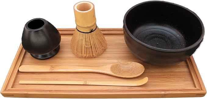 BambooMN Brand - Matcha Bowl Set (Includes Bowl, Rest,Tea Whisk, Chasaku, Tea Spoon & Tray) 1 Set Black