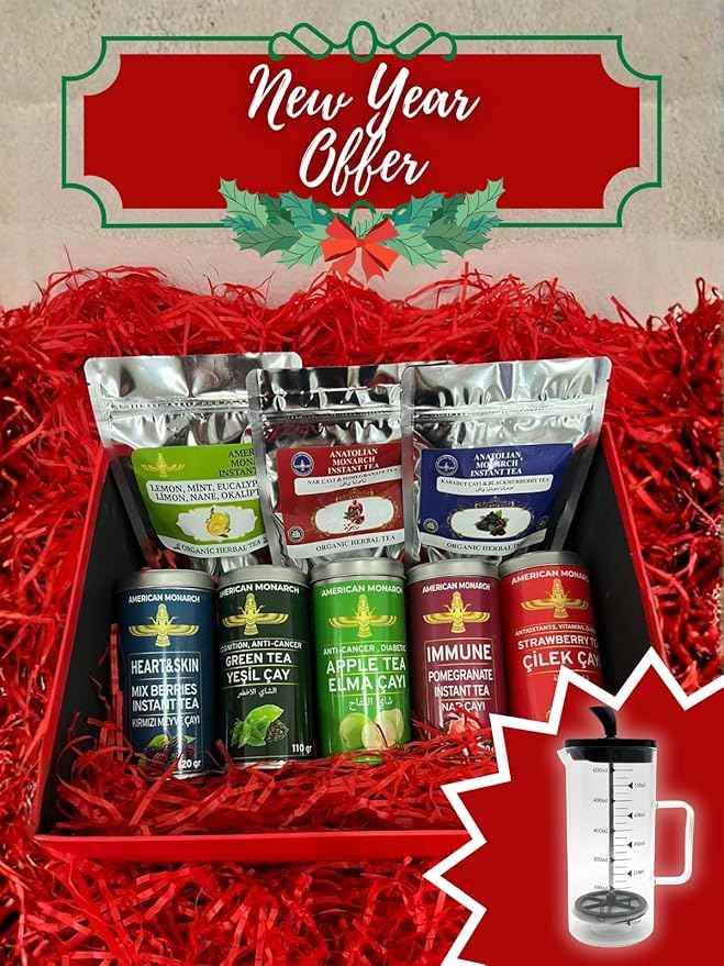 Herbal Tea Gift Box with Free French Press, New Year Gift Set, Mixed Herbal Teas, Coffee and Lokum Options (Set 3 Coffee Tea Set)