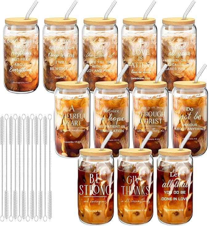 12 Pcs Christian Gift Bulk Glass Cups with Bamboo Lids and Straws 16 oz Coffee Cup Christian Gifts