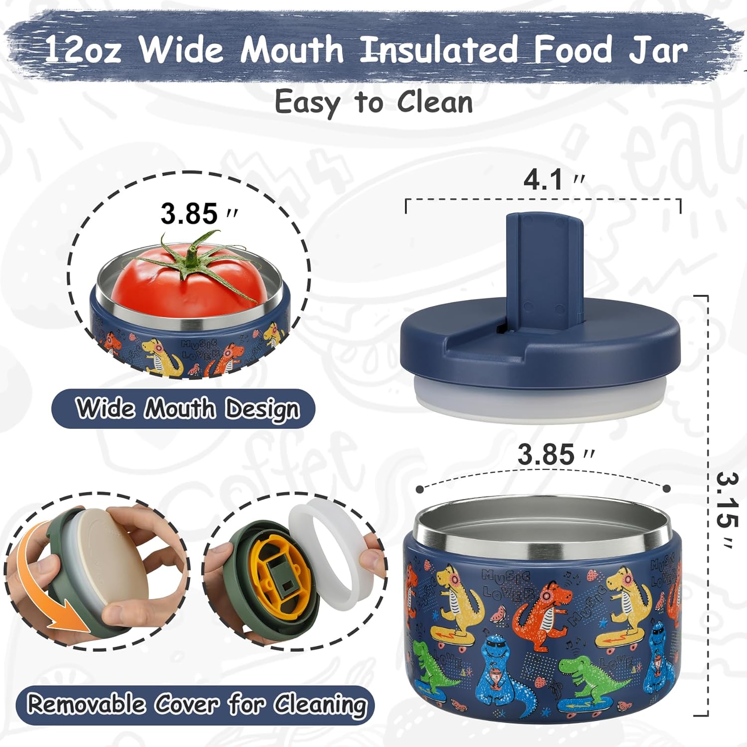 12oz Insulated Vacuum Food Jar with Buckle Lid Wide Mouth Soup Thermo for Hot Food Kids Leakproof Stainless Steel Lunch Container (Blue-Dinosaur) - Blissbrew