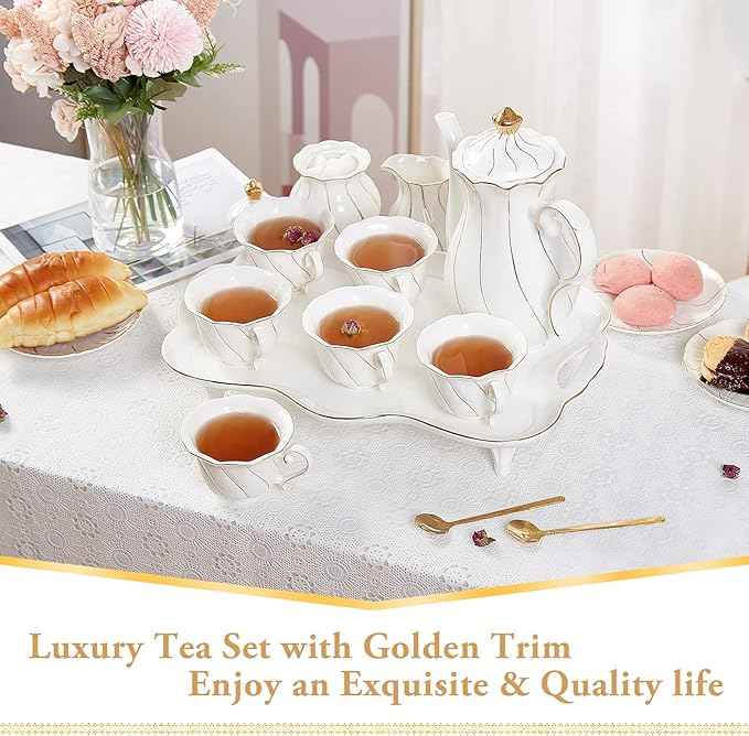 DUJUST 14 pcs Tea Set for 6 with Tea Tray & Spoons, Luxury British Style Coffee Cup Set with Golden Trim, Beautiful Porcelain Set for Living Room Decor, Tea Party Set, Gift Package - White
