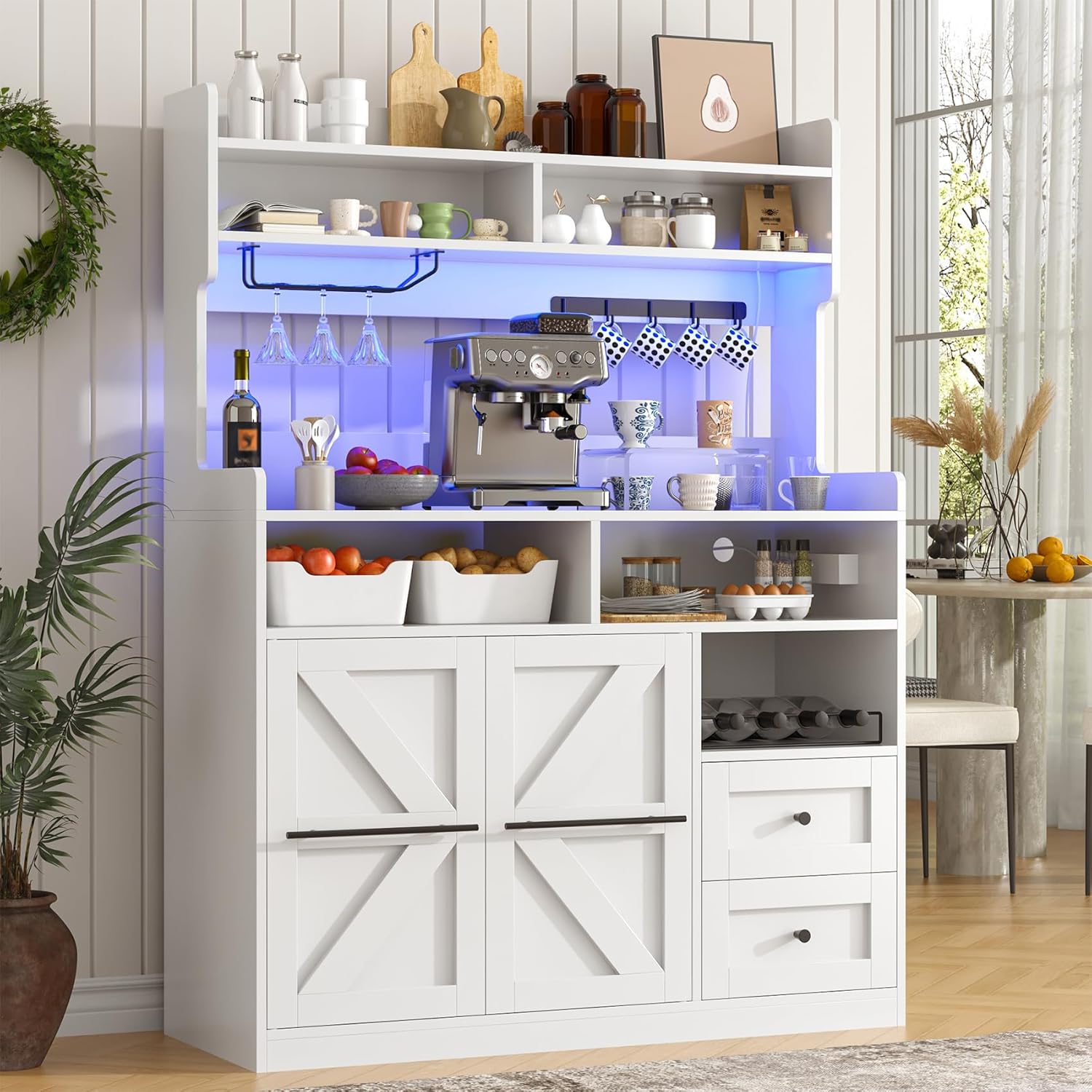 Hutch Storage Buffet Cabinet with Drawers, and Charging Station, Coffee Bar Cabinet with Barn Doors, Wine Rack and Hooks, White Wood Sideboard Buffet for Kitchen, Dining Room, 54.5