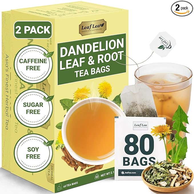 LeafLea 80 Dandelion Root and Leaf Tea Bags, Dandelion Tea for Digestion Support, Roasted Dandelion Root Herbal Tea Blend, Caffeine-Free, Vegan, Te de Diente de Leon (2 Pack)