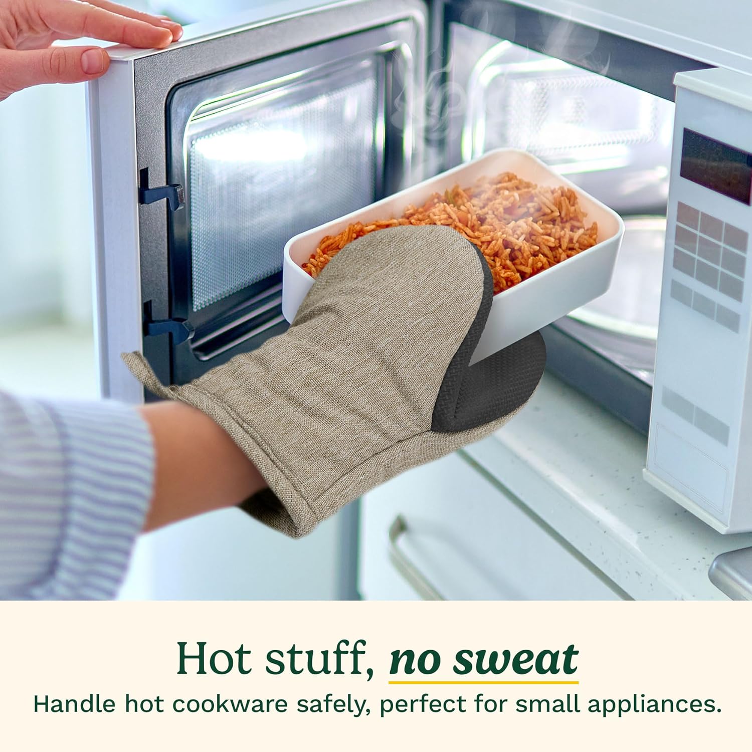 Cuisinart Mini Oven Mitts – 5.5” x 7” Heat-Resistant Kitchen Mitts for Oven with Non-Slip Neoprene Palm, Cotton Filling, and Fabric Loop – Durable Oven Mitt Set for Cooking & Baking (Taupe)