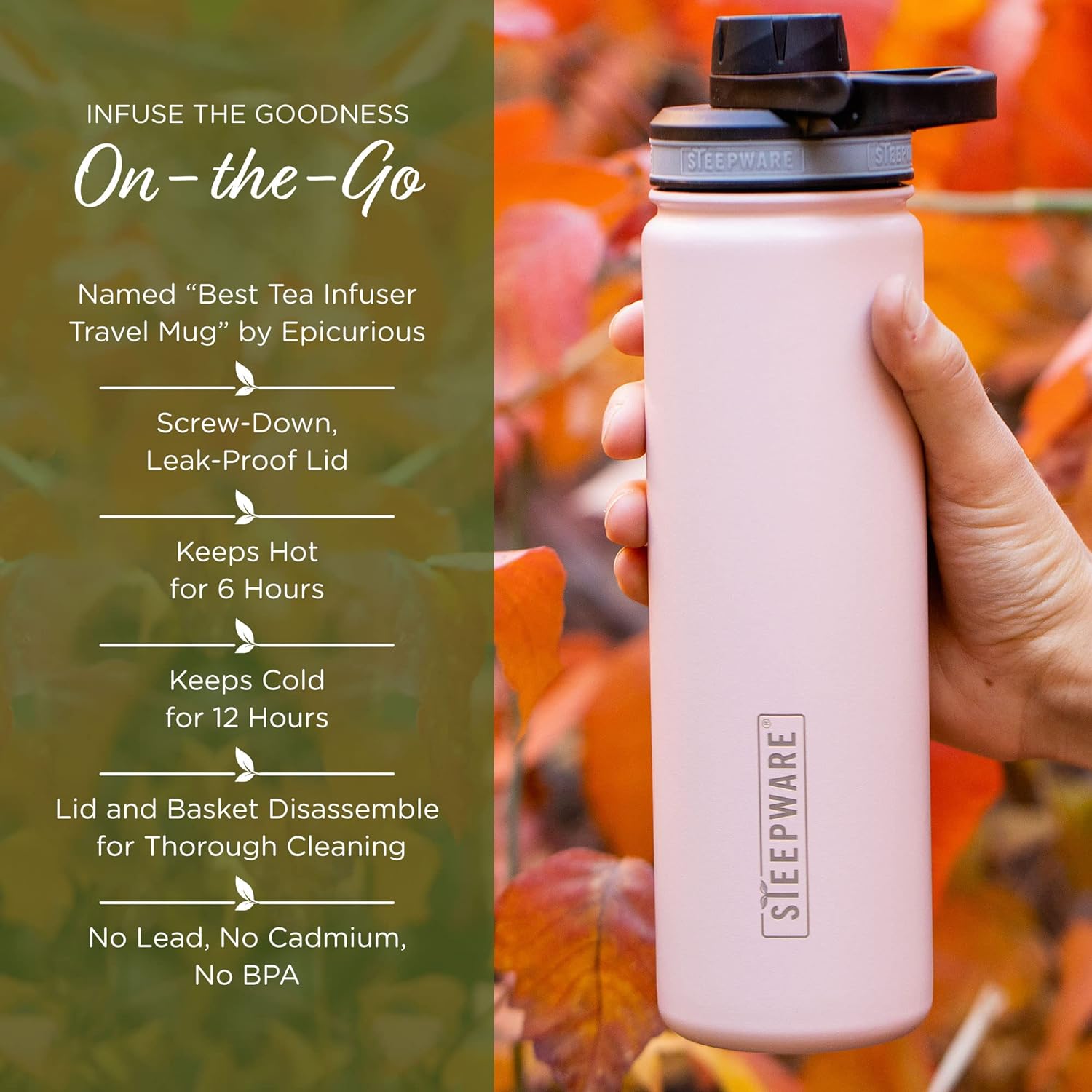 The Tea Spot Steepware Tea Tumbler,Tea Thermos, 22oz, Fog Grey- Travel Bottle with Tea Infuser for Loose Leaf Tea or Iced Coffee - Sleek Double-Walled Insulated Bottle