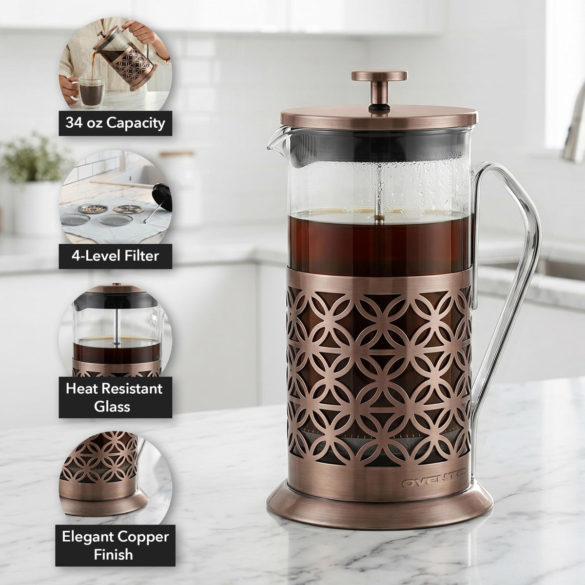 French press with borosilicate glass carafe and steel cover
