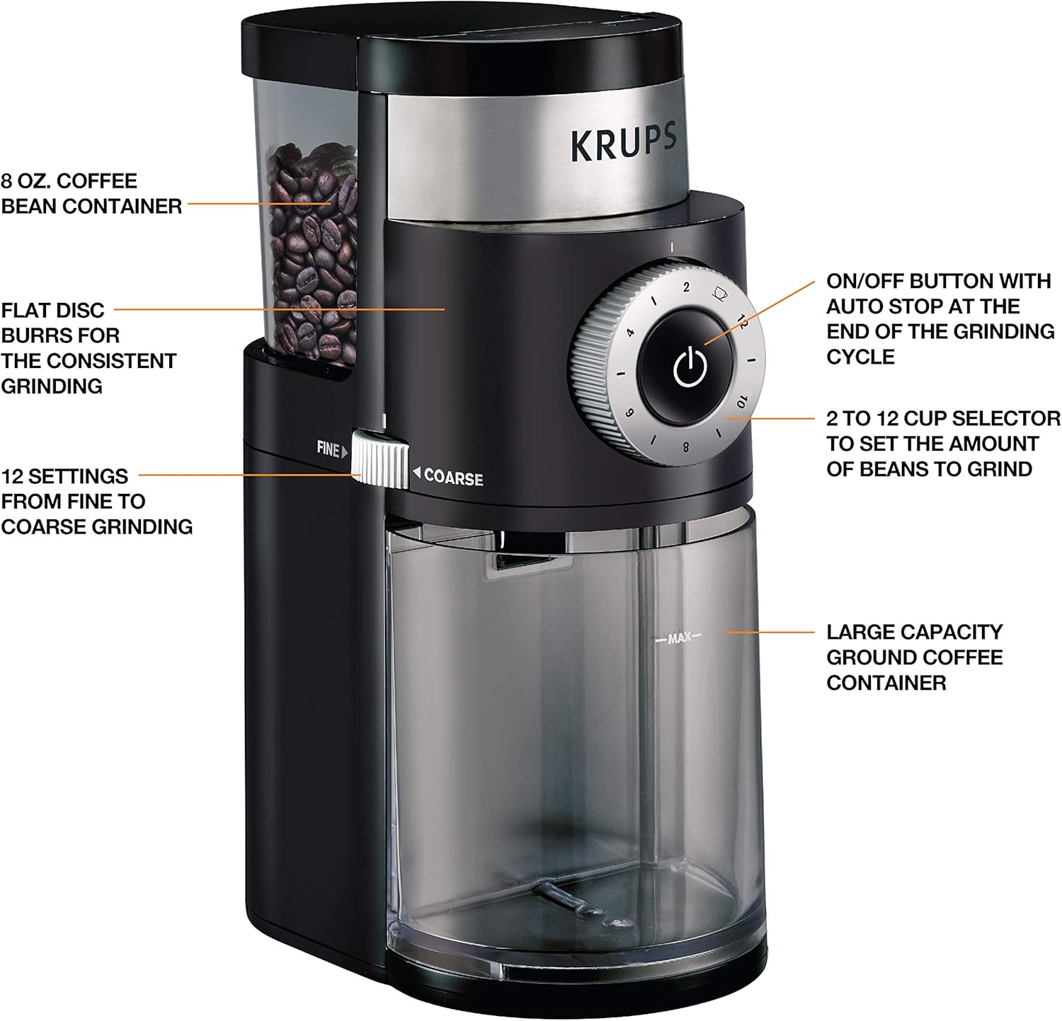 KRUPS Precision Burr Coffee Grinder: 12 Settings, 8 oz Capacity for Drip, French Press, Espresso, Pour Over, Cold Brew - Stainless Steel, 110W, Auto-Stop, Easy Clean - Blissbrew