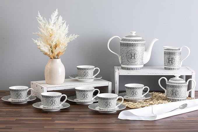 Porcelain Tea Set 17 Piece - Service for 6 - Gorgeous Design with Hand Painted Silver Detailing - Tea Sets For Adults - Includes Teapot, Cups, Saucers, Sugar Bowl, Creamer (17 Piece Set)