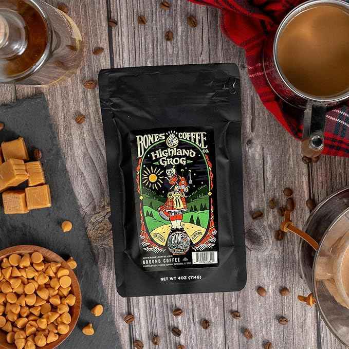Bones Coffee Company NEW Favorite Flavors Sample Pack, Assorted Flavored Coffee Low Acid Medium Roast Arabica Beans Specialty Coffee Gifts, Auto Drip and French Press Compatible, 4 oz Pack of 5 Ground