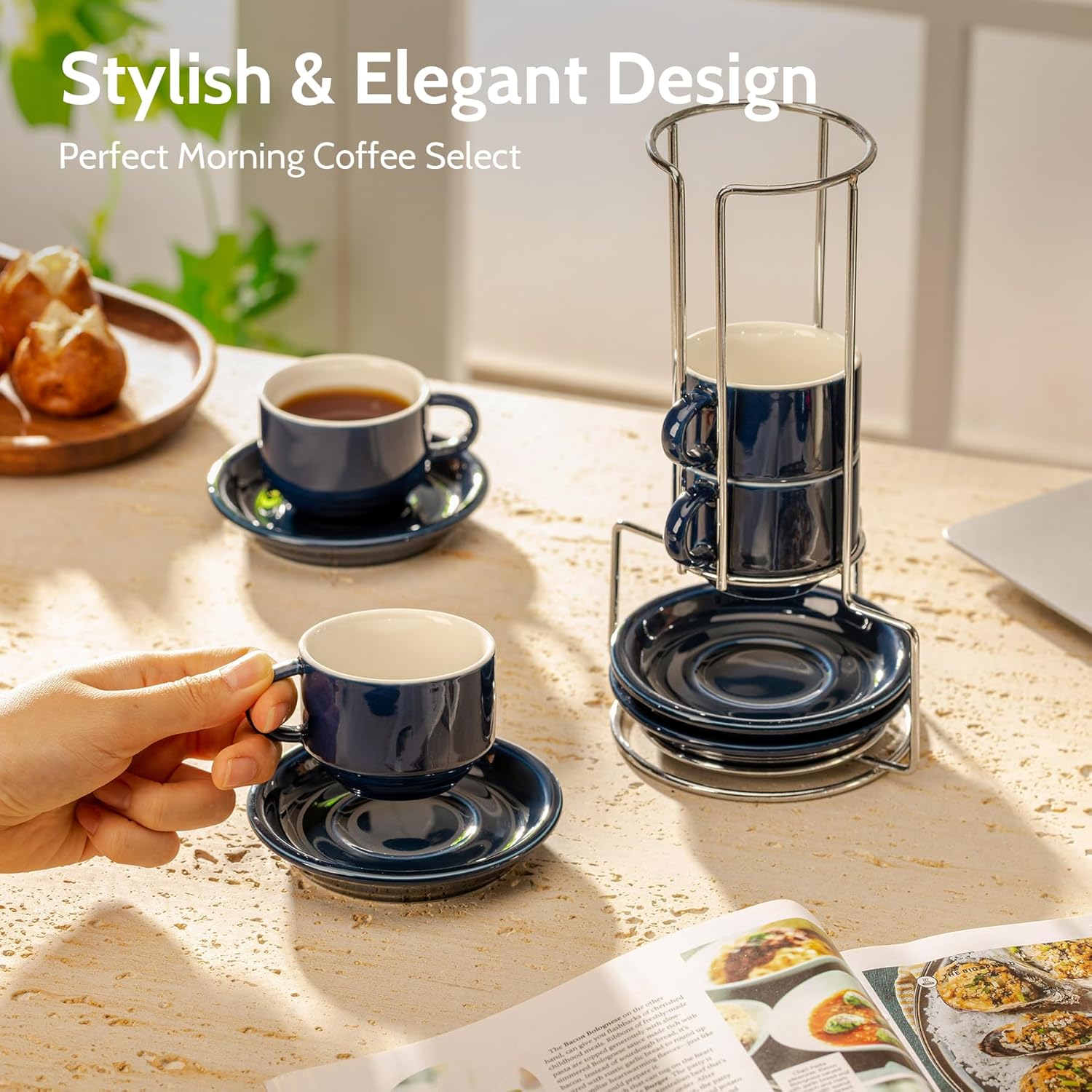Sweese 2.5 Ounce Porcelain Stackable Espresso Cups with Saucers and Metal Stand Set of 4, Navy