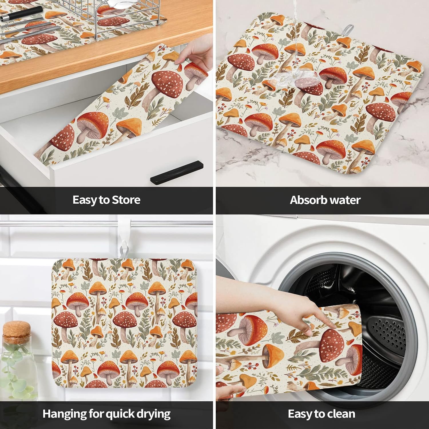 Fall Dish Drying Mat for Kitchen Counter Mushroom Drying Pad Absorbent Drying Mats for Countertops Sinks Draining Racks Autumn Plant Leaves Drainer Holiday Harvest Thanksgiving Decorations 18x24