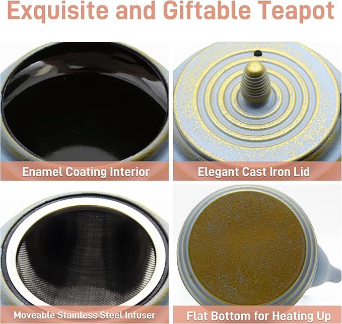 33.8oz Japanese Cast Iron Teapot for Stovetop, Small Tea Kettle with Stainless Steel Infuser for Loose Tea, Tea Pot Coated with Enameled Interior (1000ml)