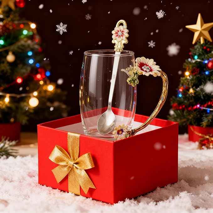 Flower Glass Tea Cup With Spoon Ideal Gift For Women Especially Mom On Valentine's Day Christmas Birthday Durable Coffee Mug (Chrysanthemum, 12 OZ)