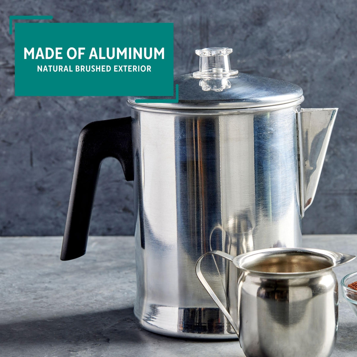 Stovetop coffee percolator with brushed aluminum exterior