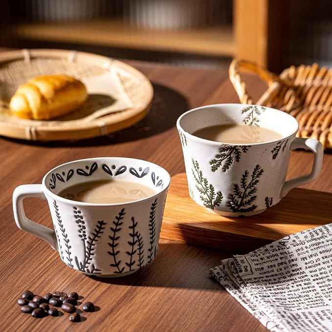 Mug Set of 2 Coffee Mugs Set 11 Ounce, Porcelain Cups for Latte, Hot Tea, Cappuccino, Cocoa, Soup, Dishwasher, Microwave Safe, Christmas Gift Set (Willow leaf & Vines)