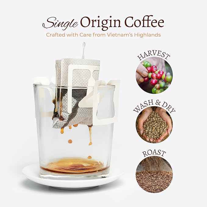 Blu Ore Premium Vietnamese Coffee - Single Serve Pour Over (8 Pack) - 100% Arabica Drip Bag Coffee, Eco-Friendly Filter, Travel Friendly, No Preservatives - Dark Roast (8 pack, Dark Roast)