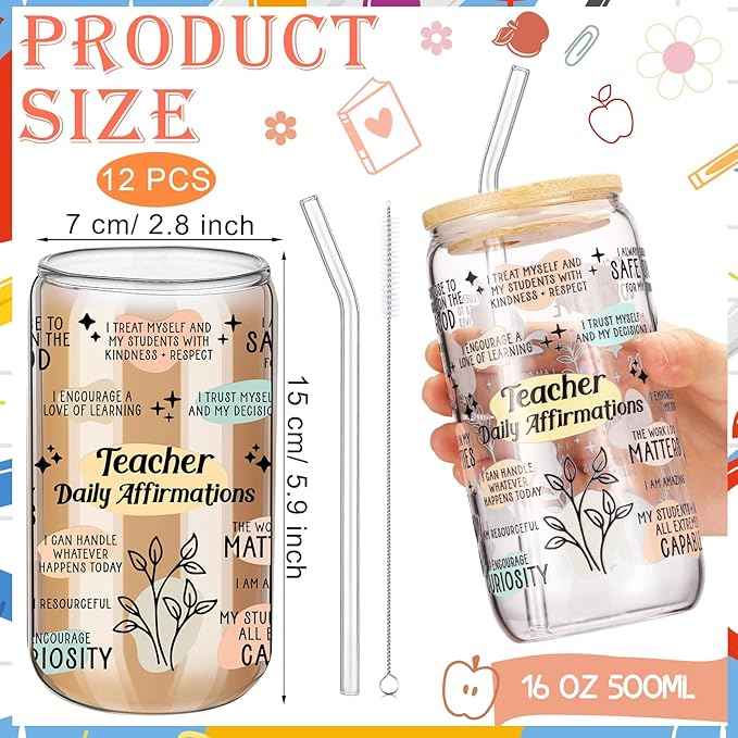 12 Sets Teacher Appreciation Gifts 2026 Bulk 16 oz Teacher Glass Cups with Lids and Straws Can Shaped Iced Coffee Mugs Thank You Gifts for Kindergarten Preschool Educator Graduation Retirement