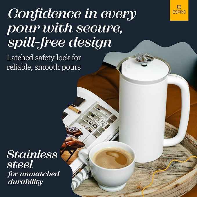 ESPRO P7 French Press Stainless Steel 304 – Patented Double Walled Micro-Filter Insulated French Press Coffee Maker, Grit-Free Brew - Heat Resistant BPA Free - Matte White (18oz)