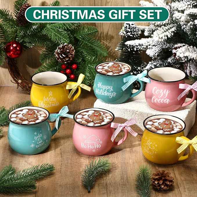 Sawysine Christmas Coffee Mugs Set of 6, 12 oz Ceramic Mug Gift Holiday Hot Cocoa for Family Mom Woman Friend Farmhouse(Pastel Style)