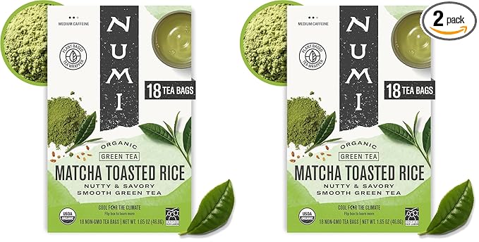 Numi Organic Matcha Toasted Rice Tea, 18 Green Tea Bags Micro-Plastic Free (Pack of 2)