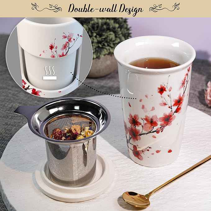 Harmoleaf Tea Gift Set for Women - 6 Herbal Loose Leaf Tea Blends, Insulated Ceramic Cup with Infuser & Lid | Birthday, Mother's Day, Anniversary & Retirement Gift for Her