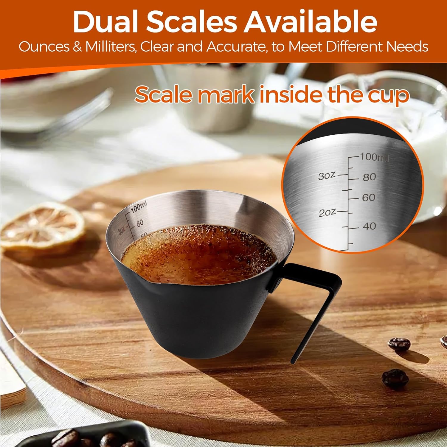 YARRAMATE 2Pcs Stainless Steel Espresso Shot Cup, Double Spout Metal Espresso Measuring Cup with V-Shaped Mouth, Espresso Accessories, 3.4OZ/100ML (Black)