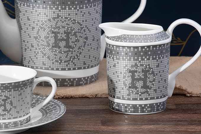 Porcelain Tea Set 17 Piece - Service for 6 - Gorgeous Design with Hand Painted Silver Detailing - Tea Sets For Adults - Includes Teapot, Cups, Saucers, Sugar Bowl, Creamer (17 Piece Set)