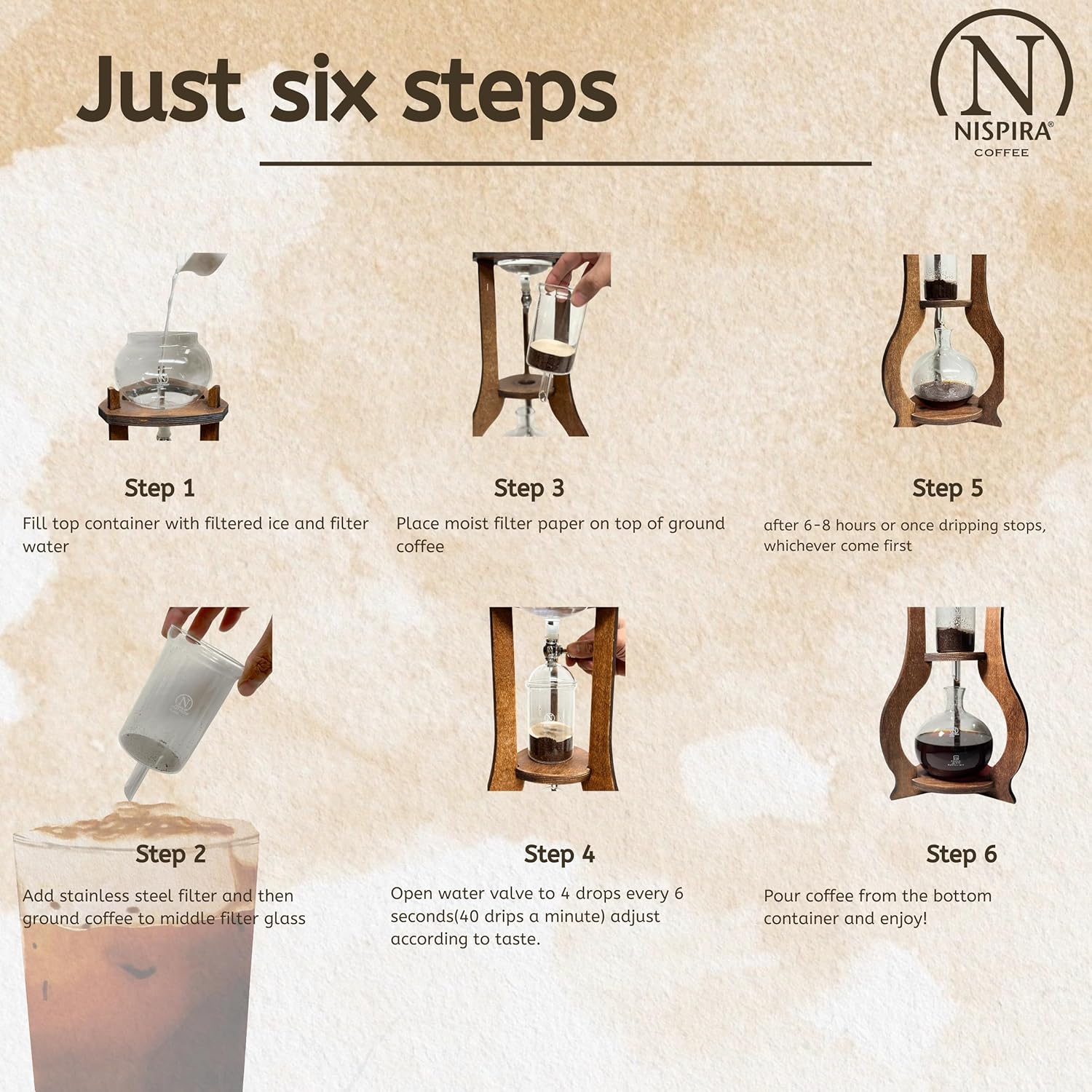 Nispira Iced Coffee Cold Brew Drip Tower Coffee Maker Wooden, 6-8 cup - Blissbrew