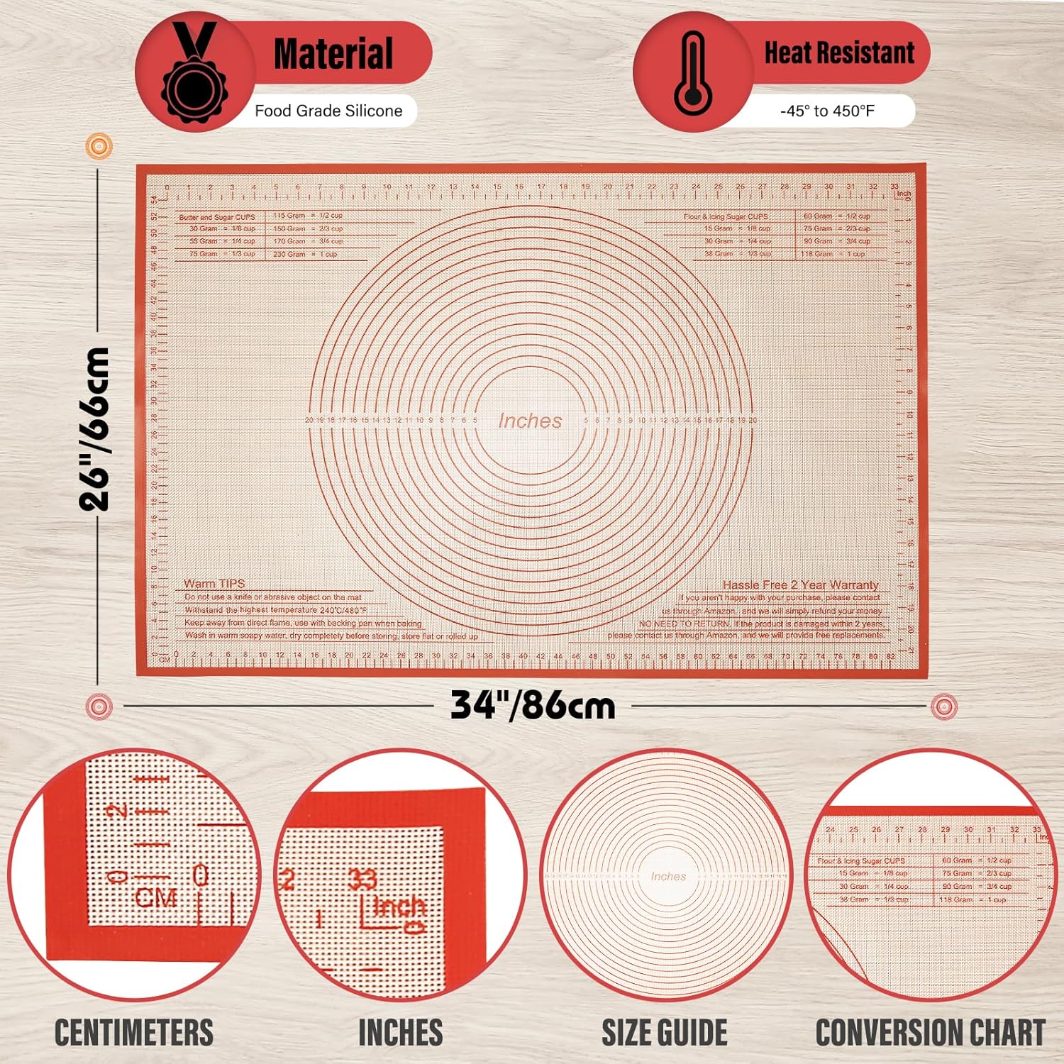 Silicone Pastry Mat 34x26 Inch - Nonstick Baking Mat Perfect for Dough, Pastry, Pie Crust, Fondant, Bread, Cookies, Pasta, Pizza