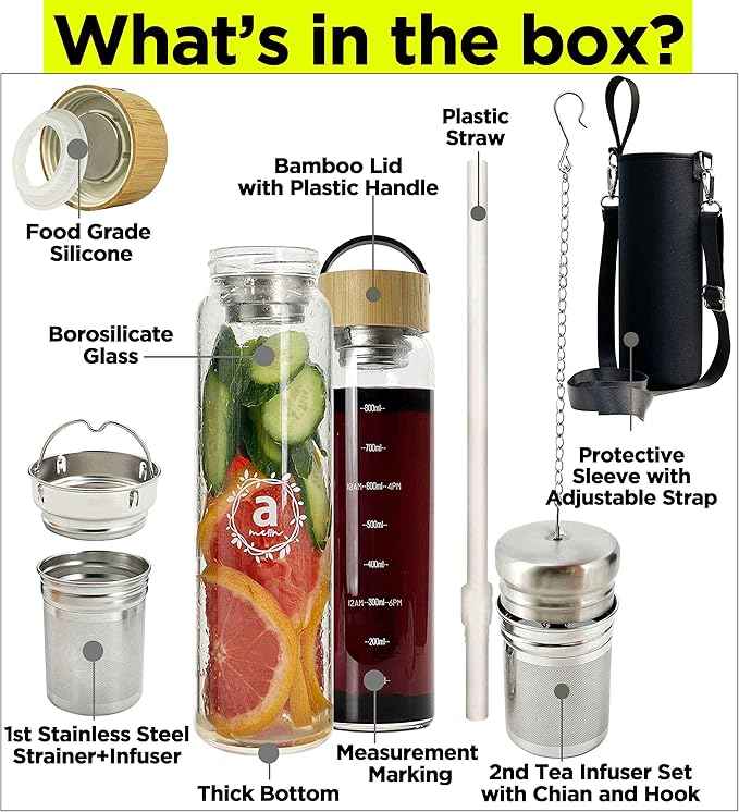 32oz Borosilicate Glass Water Bottle with Bamboo Lid and 2 Tea Infuser Sets for Fruit Infused Water and Cold Brew Coffee - Glass Tea Infuser Bottle with Strainer for Loose Leaf Tea