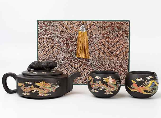 Hand-made Dragon and Phoenix Color-changing Purple Clay Teapot – Chinese Kung Fu Tea Set, Tea Lover’s Gift, Large Capacity (Teapot + 2 Cups - Gift Box Set)