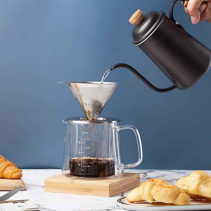 Brew To A Tea BTaT- Pour Over Coffee Maker Set, Double Wall Glass, 16 oz, Drip Coffee Maker Pour Over, Permanent Filter