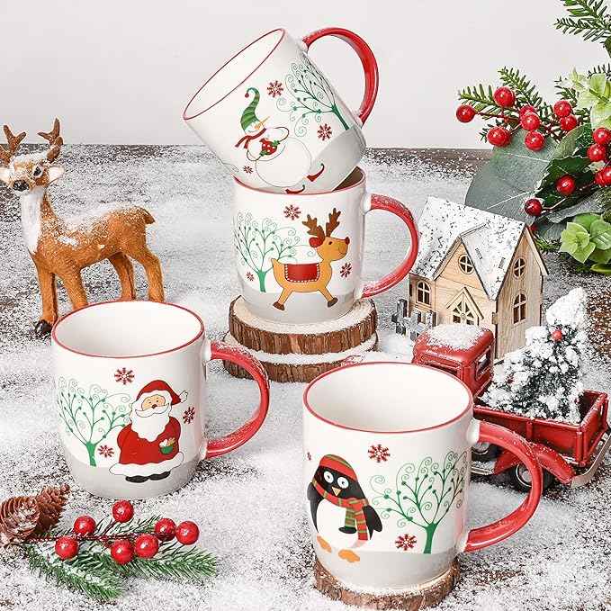 YHRJWN Christmas Mugs Set of 4, Merry Christmas Coffee Mugs with Reindeer, Santa, Snowman, Penguin Designs, Holiday Gifts for Family & Friends, 11 Oz