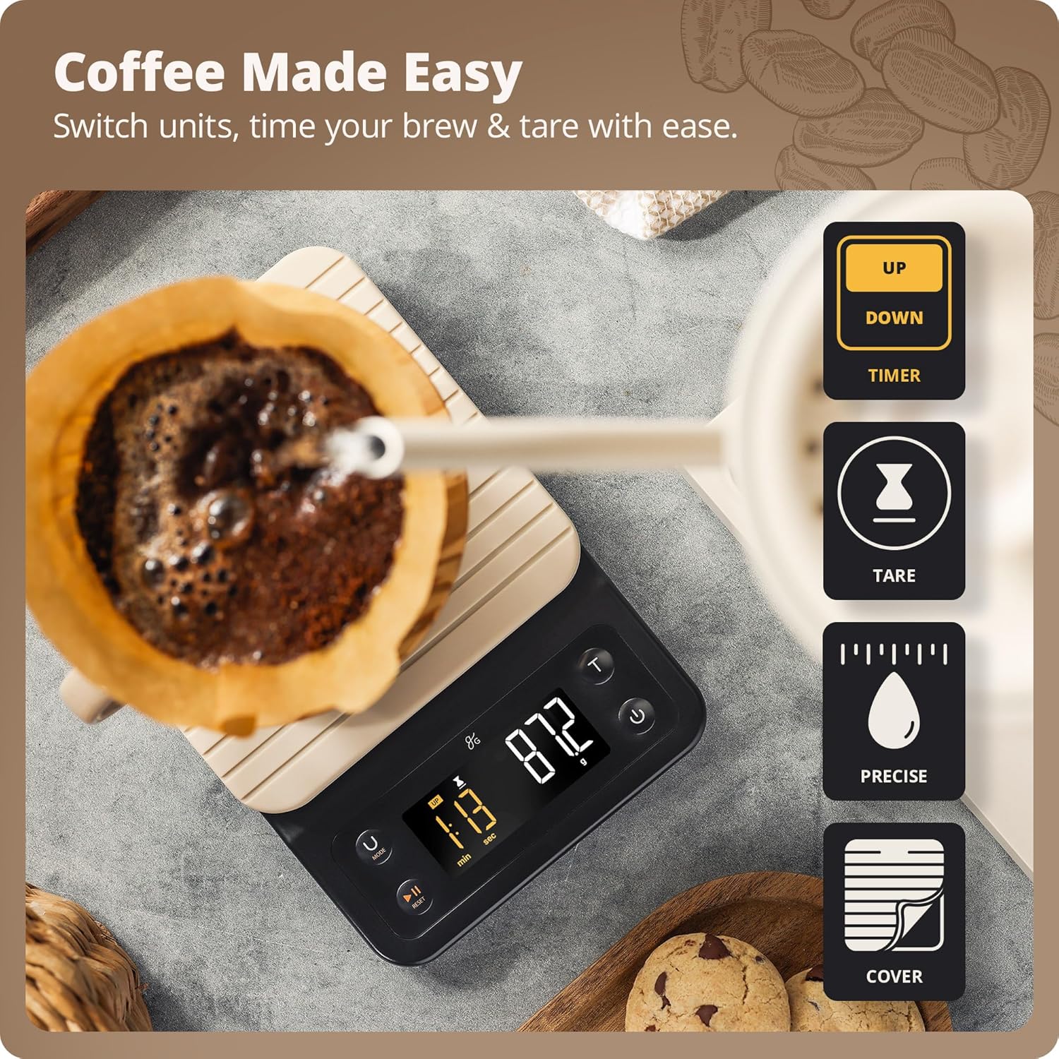 Greater Goods 0.1g Precision Coffee Scale with Timer – 3kg Digital Scale for Pour-Over, Espresso, French Press, Kitchen Use (Birch) - Blissbrew
