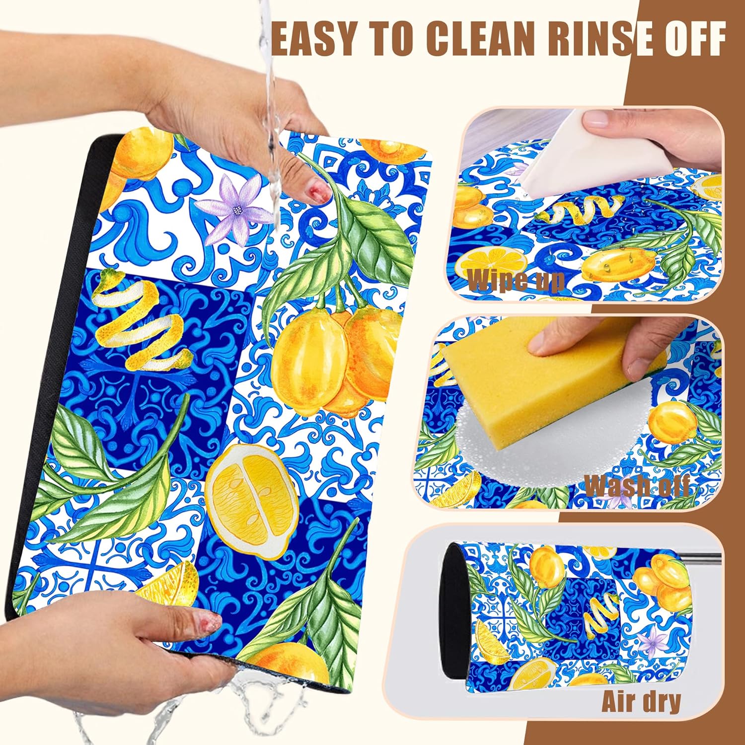 Lemon and Blue Tile Dish Drying Mat for Kitchen Counter Coffee Bar Mat Hide Stain Absorbent Rubber Backed Drying Rack Pad Espresso Machine Coffee Bar Accessories 11.8 x 19.7 Inch