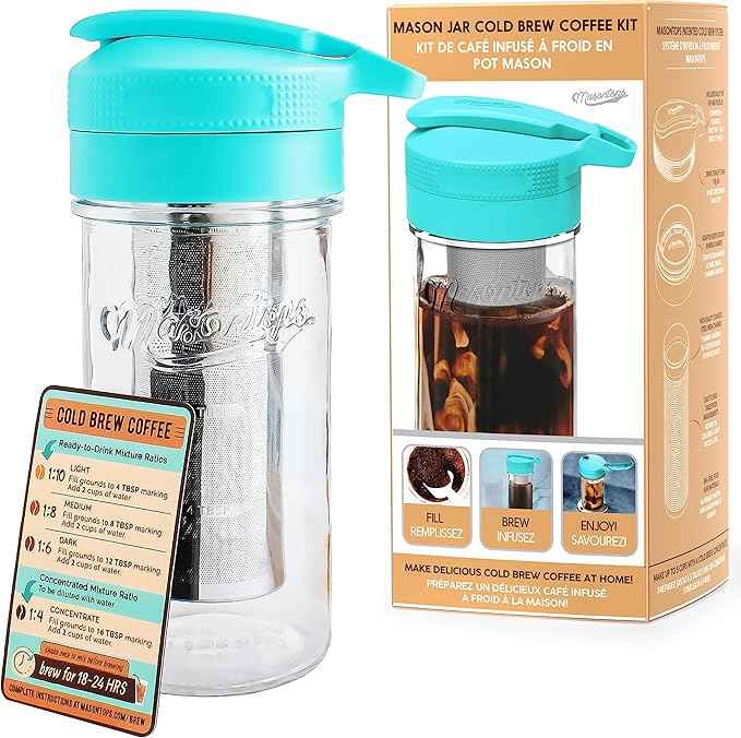 Masontops Cold Brew Makers Kit - Deluxe Iced Coffee Maker with Glass Pitcher & Stainless Steel Mesh Filter - Easy Pour Fridge Cold Brewer System