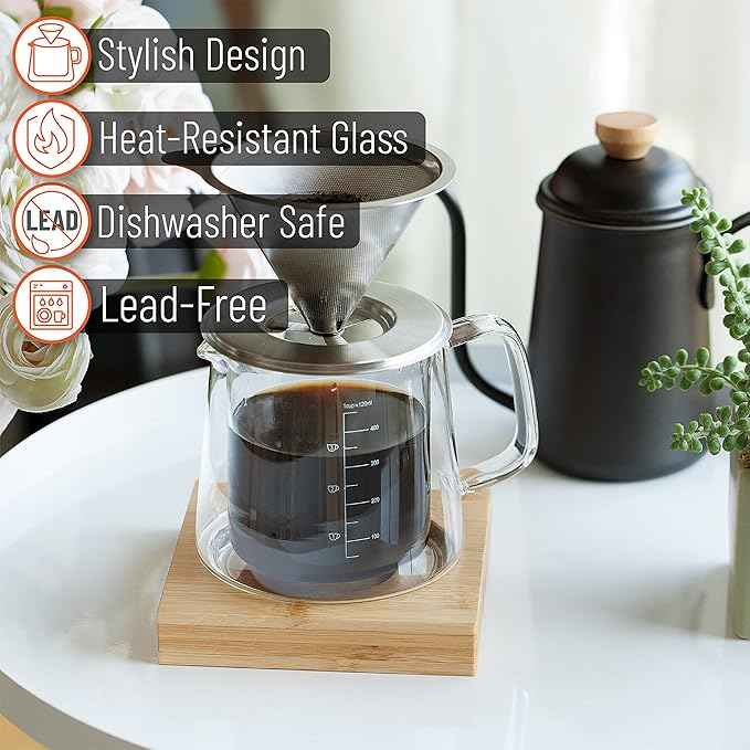 Brew To A Tea BTaT- Pour Over Coffee Maker Set, Double Wall Glass, 16 oz, Drip Coffee Maker Pour Over, Permanent Filter