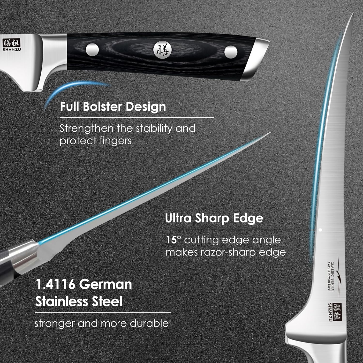SHAN ZU Fillet Knife 7 Inch- Edge Deboning Fish and Meat Boning Knife, Professional Super Sharp Fish Knives Made of German Stainless Steel Boning Knives with Full Tang Handle