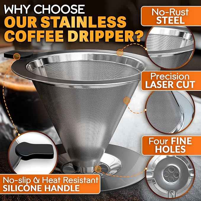 LEGLO Stainless Steel Pour Over Coffee Maker - 3.18x4.48 Pour Over Coffee Dripper with Wide Secure Base, Large Plastic Handle, and Brush for Easy Cleaning – Ensures Well-Balanced, Clean Flavor
